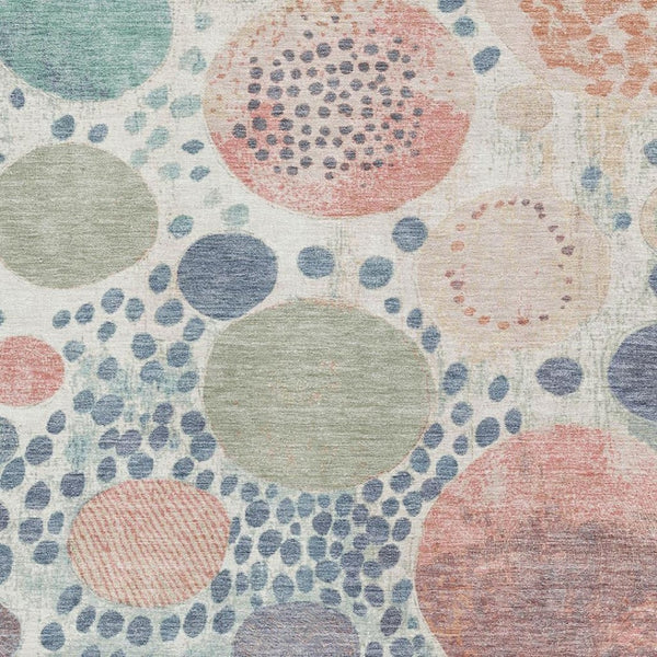 HomeRoots 8' Durable Denim Blue, Peach & Ivory Geometric Washable Round Rug with UV Protection & Stain Resistance 707254