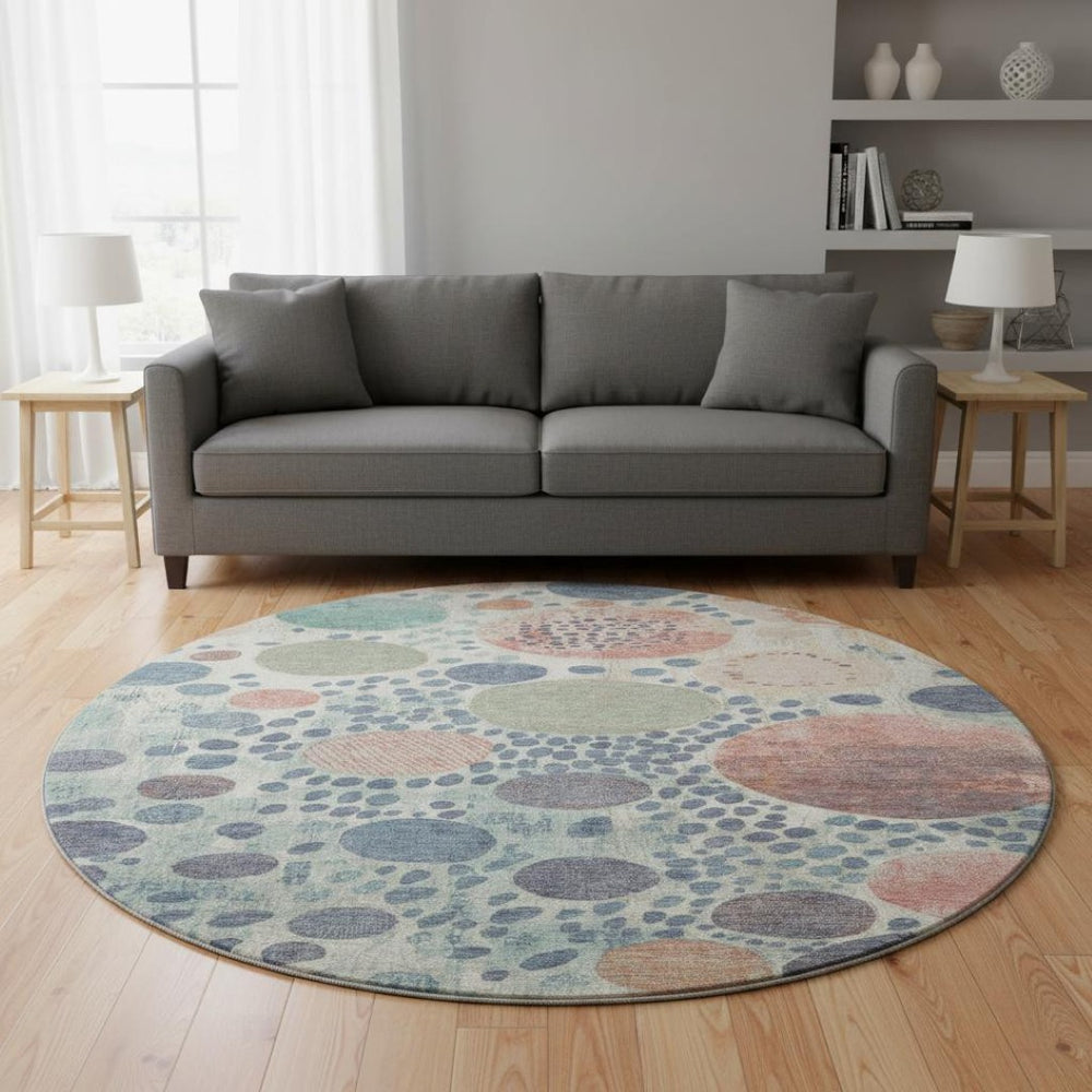 HomeRoots 8' X 10' Denim Blue, Peach & Ivory Geometric Area Rug - Washable, UV Protected & Pet-Friendly Design 707255