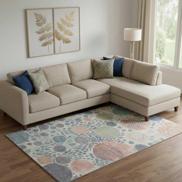 HomeRoots 10' Stylish Denim Blue, Peach & Ivory Geometric Area Rug - Washable, UV Protected, Stain Resistant! 707257