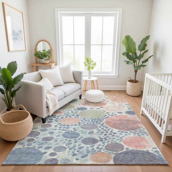 HomeRoots 10' Stylish Denim Blue, Peach & Ivory Geometric Area Rug - Washable, UV Protected, Stain Resistant! 707257
