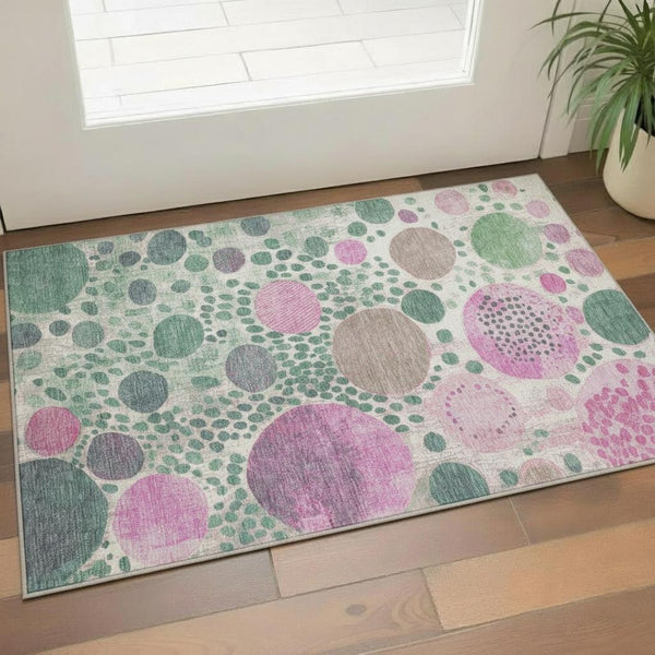 HomeRoots 5' X 8' Stylish Geometric Washable Area Rug with UV Protection - Soft Green, Pink, Ivory Colors! 707259
