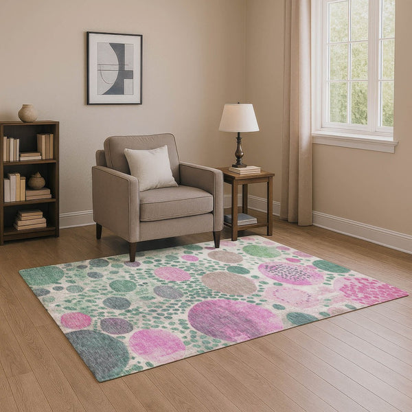 HomeRoots 8' Contemporary Geometric Round Rug in Green, Pink & Ivory - Washable, Durable & UV Protected! 707260