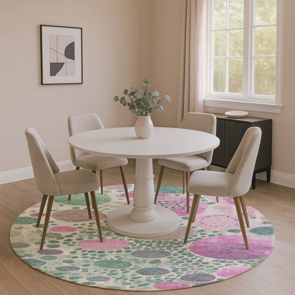 HomeRoots 8' X 10' Stylish Geometric Area Rug in Green, Pink & Ivory - Washable, UV Protected & Durable Design 707261