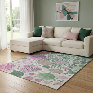 HomeRoots 9' x 12' Washable Geometric Area Rug in Green, Pink, and Ivory - UV Protected & Stain Resistant! 707262