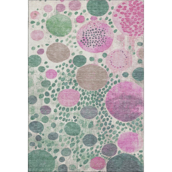 HomeRoots 9' x 12' Washable Geometric Area Rug in Green, Pink, and Ivory - UV Protected & Stain Resistant! 707262