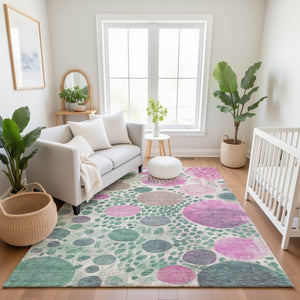 HomeRoots 9' x 12' Washable Geometric Area Rug in Green, Pink, and Ivory - UV Protected & Stain Resistant! 707262