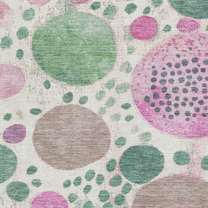 HomeRoots 9' x 12' Washable Geometric Area Rug in Green, Pink, and Ivory - UV Protected & Stain Resistant! 707262