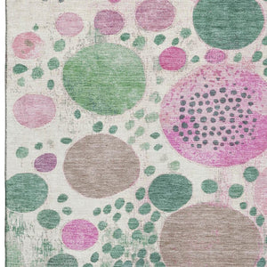 HomeRoots 9' x 12' Washable Geometric Area Rug in Green, Pink, and Ivory - UV Protected & Stain Resistant! 707262