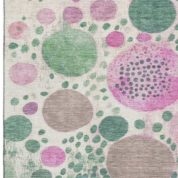 HomeRoots 9' x 12' Washable Geometric Area Rug in Green, Pink, and Ivory - UV Protected & Stain Resistant! 707262