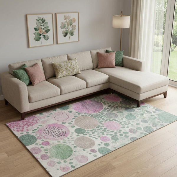 HomeRoots 10' X 14' Stylish Green Pink Ivory Geometric Washable Area Rug with UV Protection for High Traffic Spaces 707263