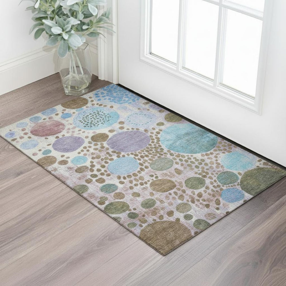 HomeRoots 5' Stylish Khaki Blue & Purple Geometric Area Rug - Washable, UV Protected, Non-Slip for Home Use 707265