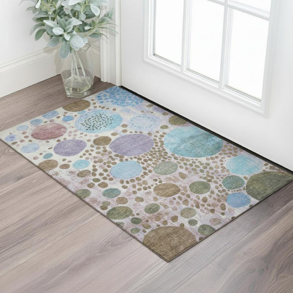 HomeRoots 5' Stylish Khaki Blue & Purple Geometric Area Rug - Washable, UV Protected, Non-Slip for Home Use 707265