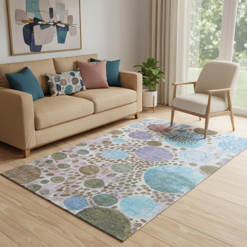 HomeRoots 8' Stylish Khaki, Blue & Purple Geometric Washable Rug - UV Protected, Stain Resistant & Non-Slip 707266