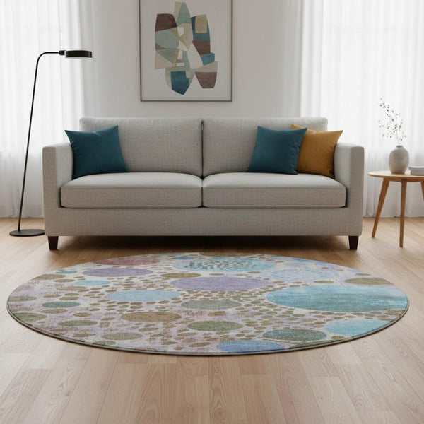 HomeRoots 8' X 10' Modern Khaki, Blue & Purple Geometric Area Rug – Washable, UV-Protected, Stain-Resistant Design 707267