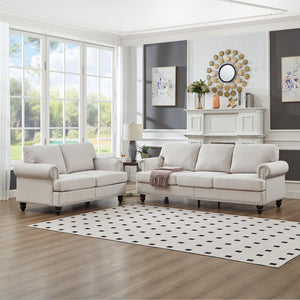 English Elm Modern Classic Living Room 2+3 Seater Sofa Set with Nailhead Trim, Removable Covers, Coil Springs, Hidden Storage Beige W1097S00173