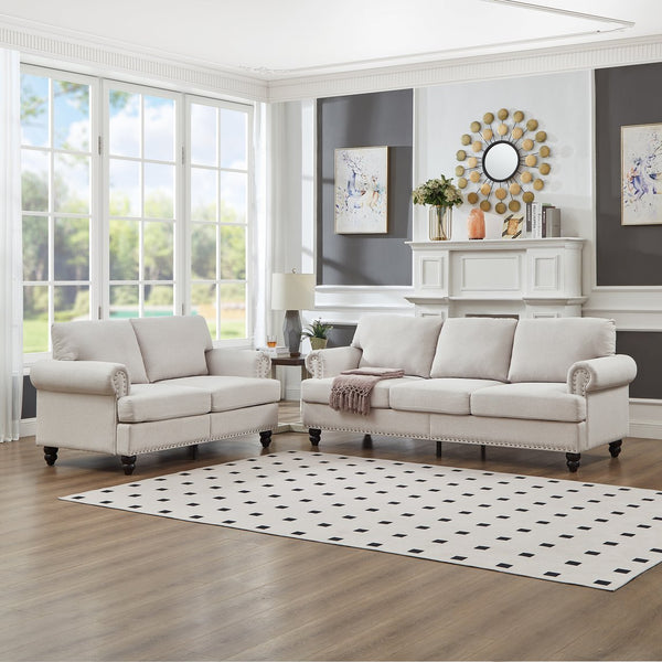 English Elm Modern Classic Living Room 2+3 Seater Sofa Set with Nailhead Trim, Removable Covers, Coil Springs, Hidden Storage Beige W1097S00173