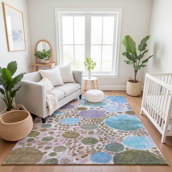HomeRoots 10' X 14' Khaki Blue & Purple Geometric Washable Area Rug – Durable, Stain-Resistant, UV Protected! 707269