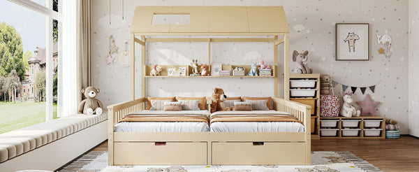English Elm Double Twin House Bed Pine Wood Frame Kids Playhouse Bunk with Storage Drawers Natural W5305S00007