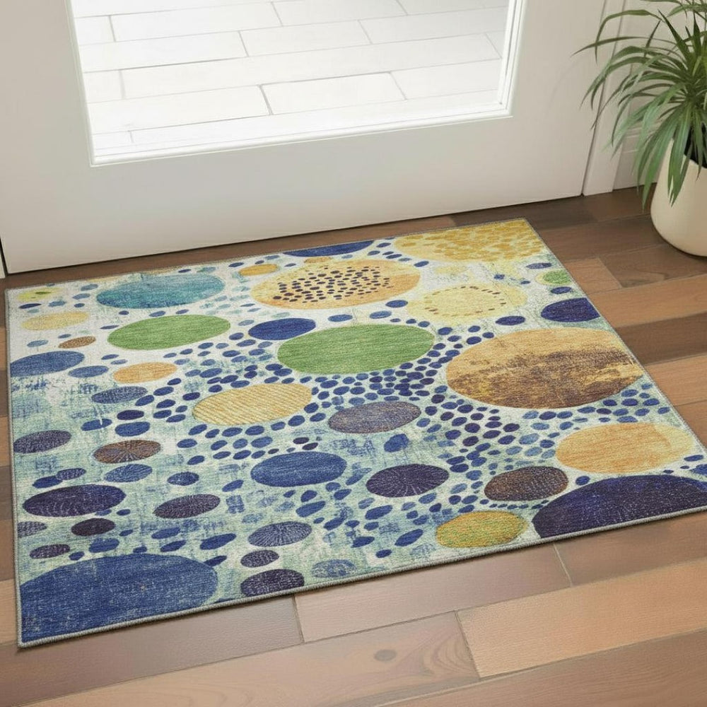 HomeRoots 5' X 8' Stylish Navy Blue, Yellow & Green Geometric Washable Area Rug with UV & Stain Resistance 707271