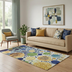 HomeRoots 8' Navy Blue Yellow Green Geometric Washable Round Rug - UV Protected, Durable & Stylish Design! 707272