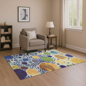 HomeRoots 8' Navy Blue Yellow Green Geometric Washable Round Rug - UV Protected, Durable & Stylish Design! 707272
