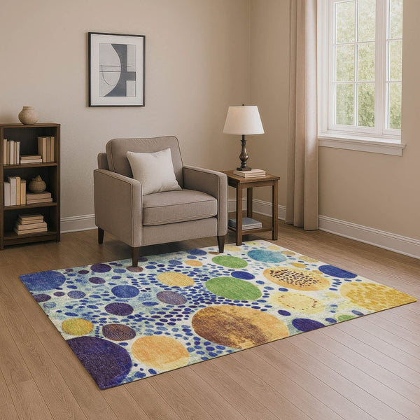 HomeRoots 8' Navy Blue Yellow Green Geometric Washable Round Rug - UV Protected, Durable & Stylish Design! 707272