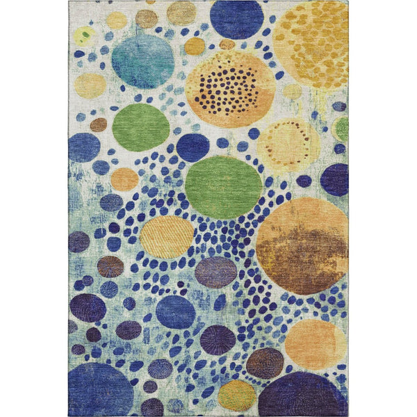 HomeRoots 8' Navy Blue Yellow Green Geometric Washable Round Rug - UV Protected, Durable & Stylish Design! 707272