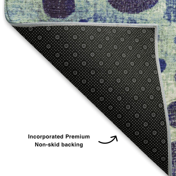 HomeRoots 8' Navy Blue Yellow Green Geometric Washable Round Rug - UV Protected, Durable & Stylish Design! 707272