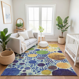 HomeRoots 8' Navy Blue Yellow Green Geometric Washable Round Rug - UV Protected, Durable & Stylish Design! 707272