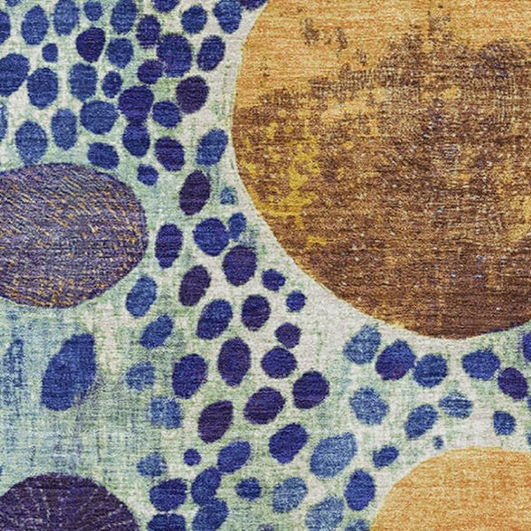 HomeRoots 8' Navy Blue Yellow Green Geometric Washable Round Rug - UV Protected, Durable & Stylish Design! 707272
