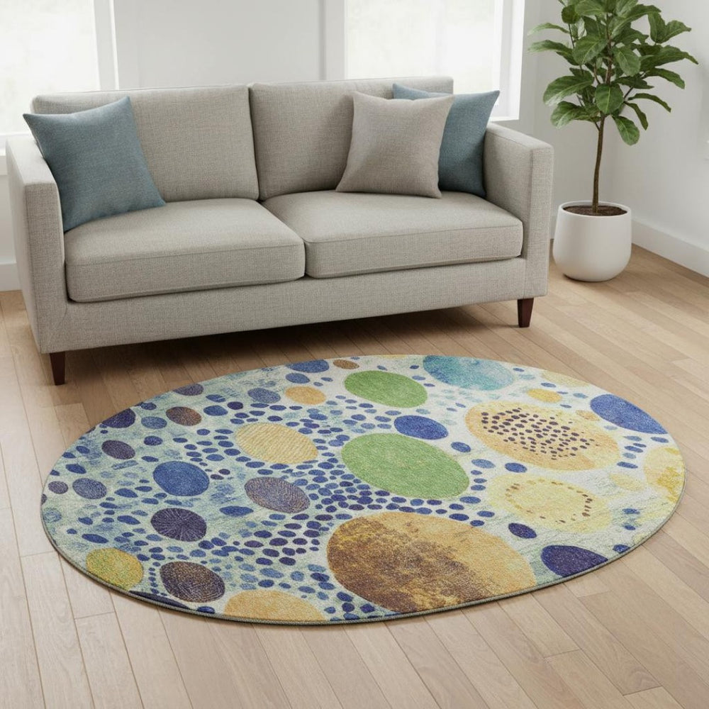 HomeRoots 8' X 10' Washable Geometric Area Rug in Navy, Yellow & Green - UV Protected, Durable, Kid-Friendly 707273