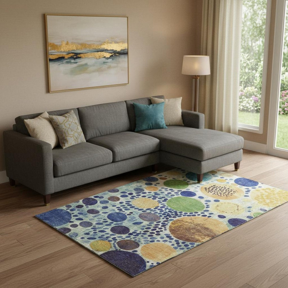 HomeRoots 10' Geometric Washable Area Rug in Navy, Yellow & Green - Durable, Stain-Resistant with UV Protection 707275