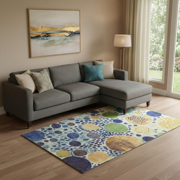 HomeRoots 10' Geometric Washable Area Rug in Navy, Yellow & Green - Durable, Stain-Resistant with UV Protection 707275