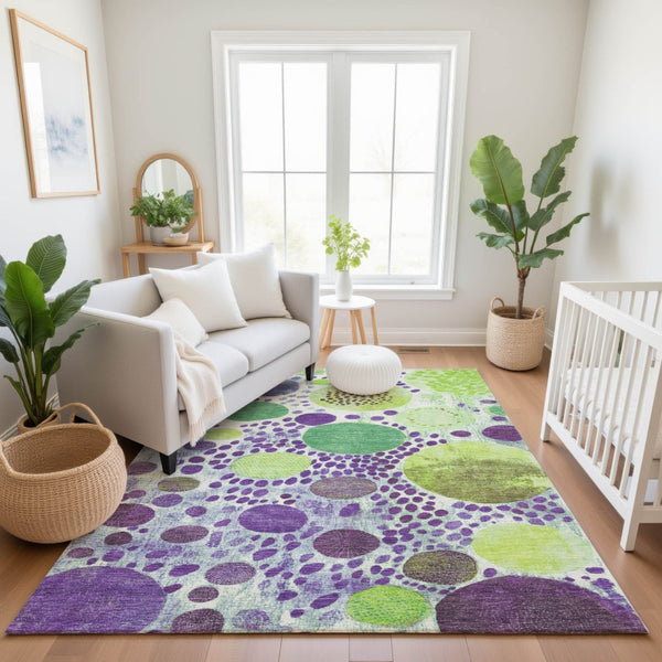 HomeRoots 5' X 8' Stylish Purple, Green & Ivory Geometric Area Rug - Washable, UV Protected & Non-Slip Backing 707277