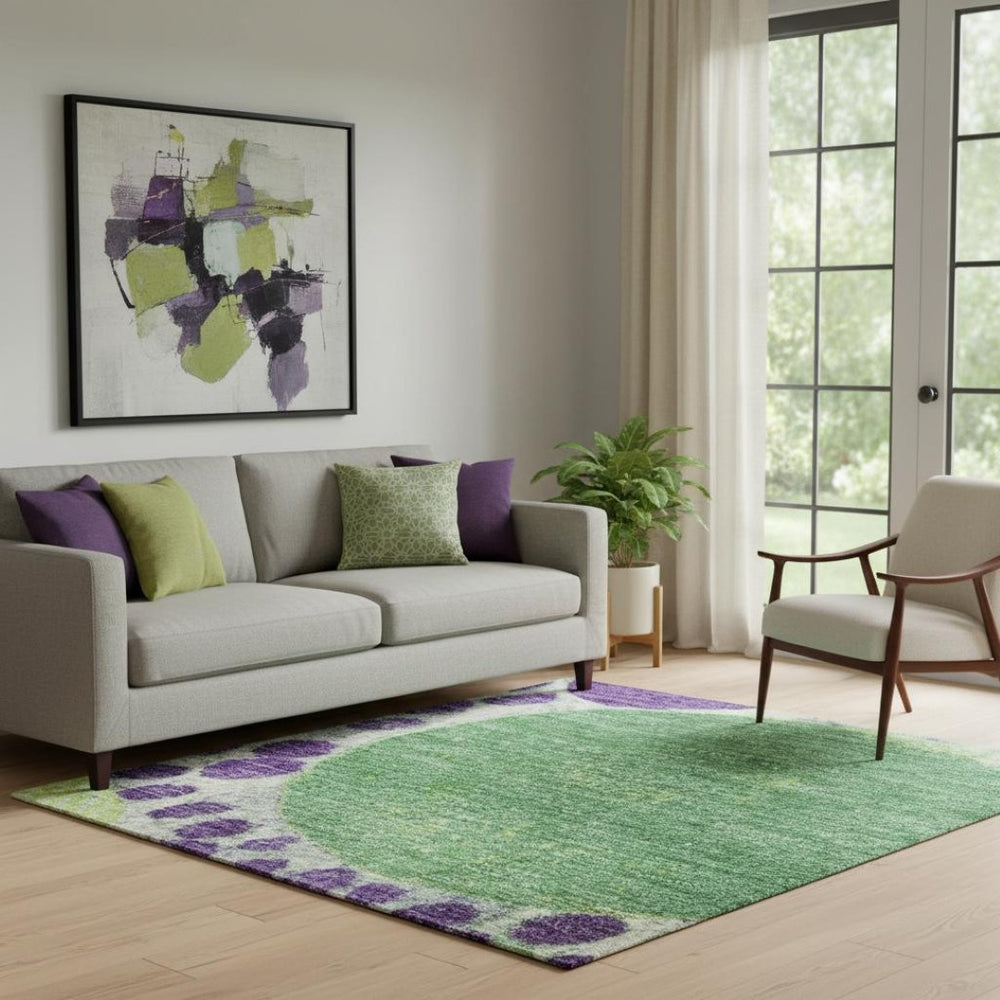 HomeRoots 8' Vibrant Purple, Green & Ivory Geometric Round Rug - Washable, UV-Protected, Durable Design! 707278