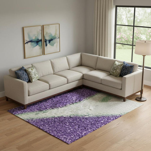 HomeRoots 10' Washable Geometric Area Rug in Purple, Green & Ivory – UV Protected for High-Traffic Spaces! 707281