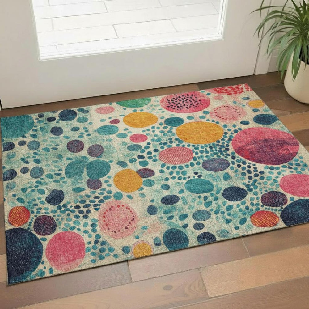 HomeRoots 5' X 8' Geometric Area Rug in Teal, Pink & Orange - Washable, UV-Protected & Non-Slip Backing! 707283