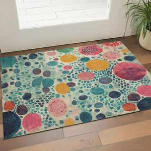 HomeRoots 5' X 8' Geometric Area Rug in Teal, Pink & Orange - Washable, UV-Protected & Non-Slip Backing! 707283