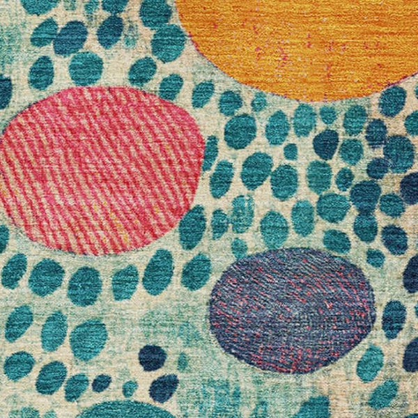 HomeRoots 5' X 8' Geometric Area Rug in Teal, Pink & Orange - Washable, UV-Protected & Non-Slip Backing! 707283