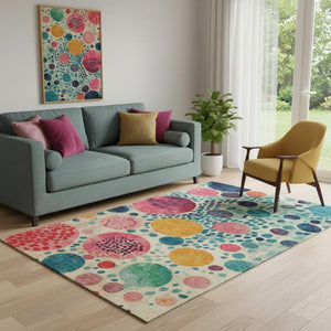 HomeRoots 8' Teal, Pink & Orange Geometric Washable Round Rug - Vibrant, Durable & UV Protected for Any Space 707284