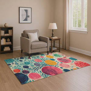 HomeRoots 8' Teal, Pink & Orange Geometric Washable Round Rug - Vibrant, Durable & UV Protected for Any Space 707284