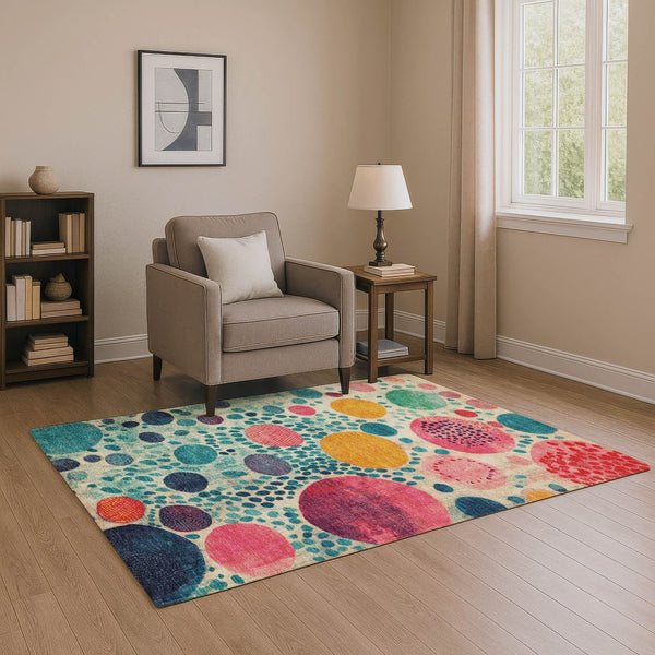 HomeRoots 8' Teal, Pink & Orange Geometric Washable Round Rug - Vibrant, Durable & UV Protected for Any Space 707284