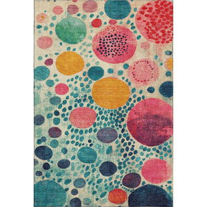 HomeRoots 8' Teal, Pink & Orange Geometric Washable Round Rug - Vibrant, Durable & UV Protected for Any Space 707284