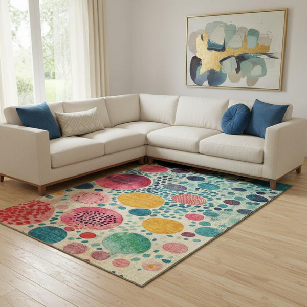 HomeRoots 9' X 12' Vibrant Teal Pink & Orange Geometric Washable Area Rug with UV Protection for Homes 707286