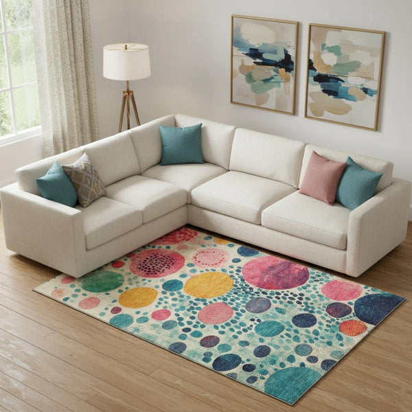 HomeRoots 10' Geometric Washable Area Rug in Teal, Pink & Orange - UV Protected, Stain-Resistant & Durable! 707287