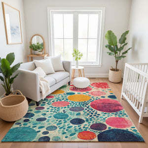 HomeRoots 10' Geometric Washable Area Rug in Teal, Pink & Orange - UV Protected, Stain-Resistant & Durable! 707287