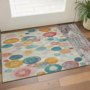 HomeRoots 5' Washable Area Rug in Beige, Teal & Orange Geometric Design - UV Protected, Durable & Stylish 707289