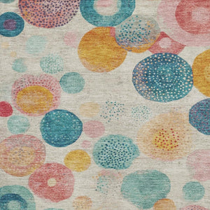 HomeRoots 5' Washable Area Rug in Beige, Teal & Orange Geometric Design - UV Protected, Durable & Stylish 707289