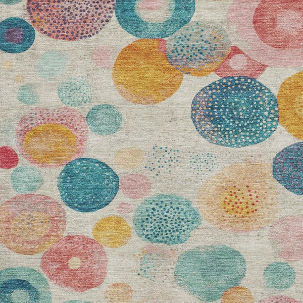 HomeRoots 5' Washable Area Rug in Beige, Teal & Orange Geometric Design - UV Protected, Durable & Stylish 707289
