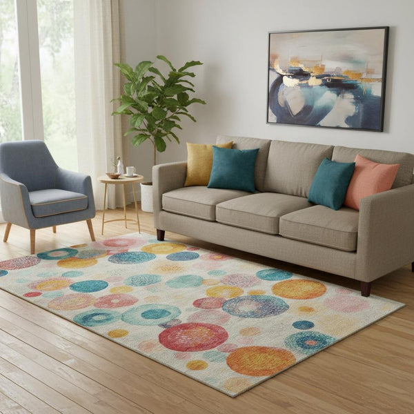 HomeRoots 8' Durable Beige, Teal & Orange Geometric Round Rug – Washable, UV-Protected, Non-Slip & Stylish! 707290